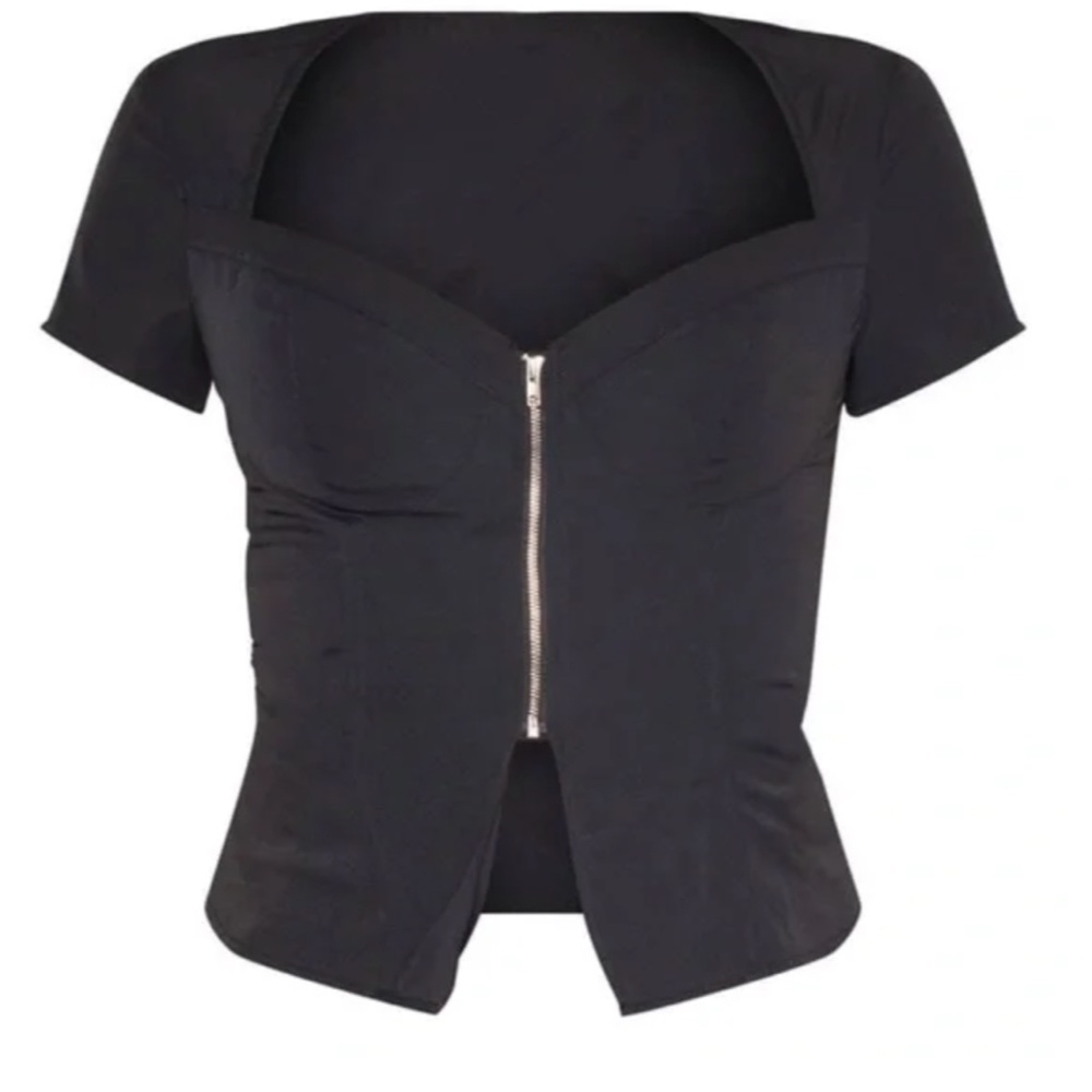 Pretty Little Things Black Short Sleeve Corset-Like Top (sz 10)